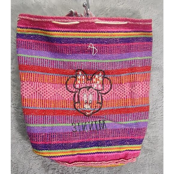 Disney Hand Woven Backpack Purse Minnie Mouse Disneyland Colorful Sack Tote - Picture 7 of 7